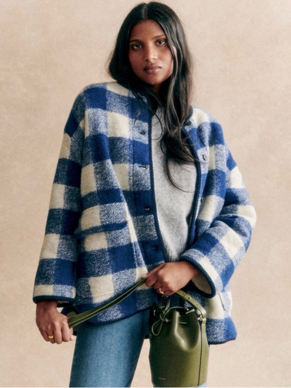 Sezane Blue and White Checked Wool-Blend Shacket - Picture 3 of 4